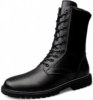 Mens Black High-Top Cowhide Motorcycle Army Military Tactical Combat Boots Flat-Soled Round-Toe Leather Outdoor Hunting Warm Non-Slip Hiking Mid-Calf Shoes Lace-Up Zipper Waterproof Puncture-Resistant