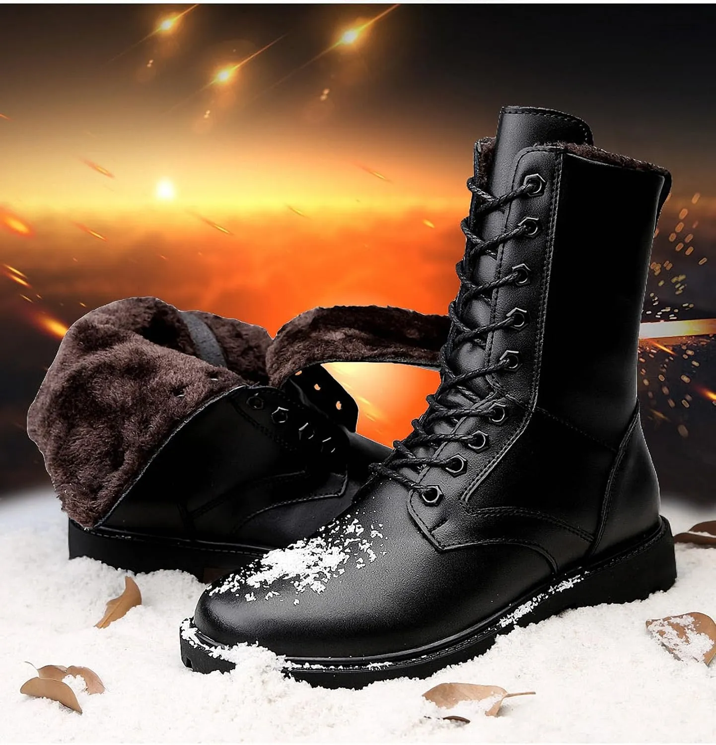 Mens Black High-Top Cowhide Motorcycle Army Military Tactical Combat Boots Flat-Soled Round-Toe Leather Outdoor Hunting Warm Non-Slip Hiking Mid-Calf Shoes Lace-Up Zipper Waterproof Puncture-Resistant