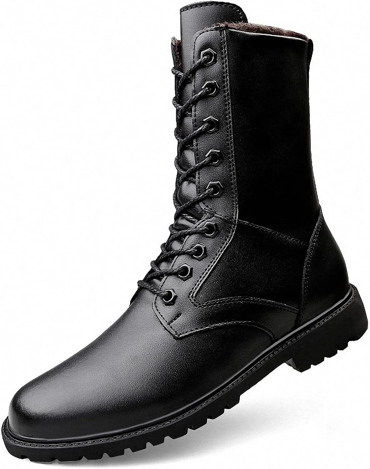 Mens Black High-Top Cowhide Motorcycle Army Military Tactical Combat Boots Flat-Soled Round-Toe Leather Outdoor Hunting Warm Non-Slip Hiking Mid-Calf Shoes Lace-Up Zipper Waterproof Puncture-Resistant
