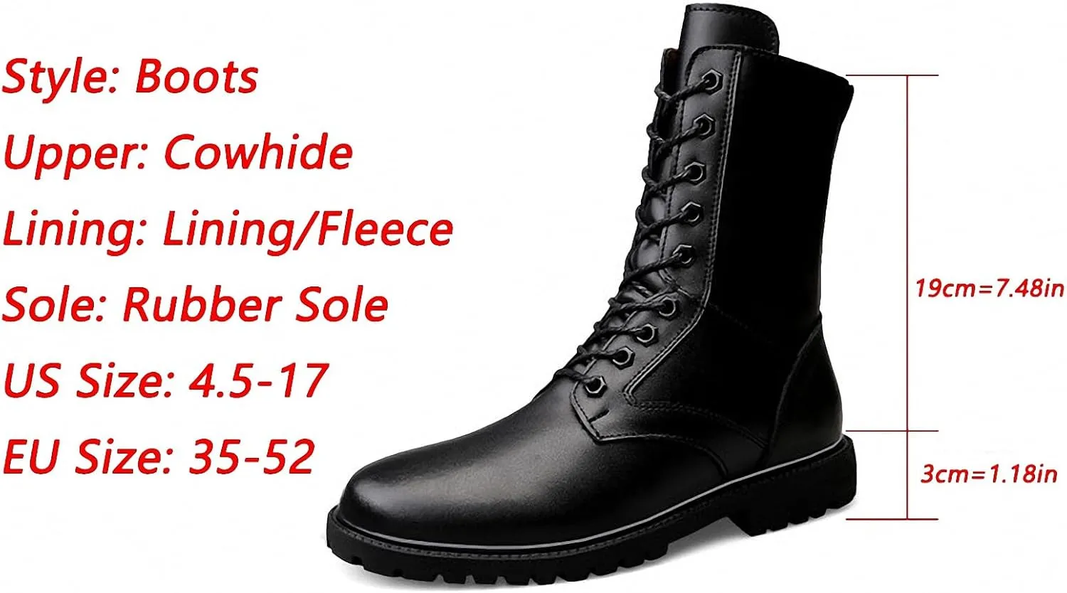 Mens Black High-Top Cowhide Motorcycle Army Military Tactical Combat Boots Flat-Soled Round-Toe Leather Outdoor Hunting Warm Non-Slip Hiking Mid-Calf Shoes Lace-Up Zipper Waterproof Puncture-Resistant