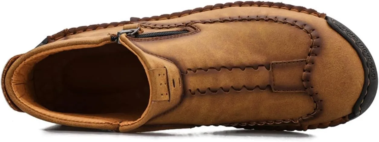 Men's Casual Leather Loafers Fashion Comfortable Chelsea Boots Hand Stitched Slip On Mid-top Shoes