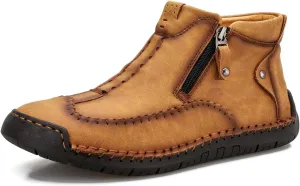 Men's Casual Leather Loafers Fashion Comfortable Chelsea Boots Hand Stitched Slip On Mid-top Shoes