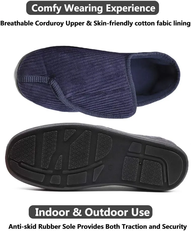 Mens Diabetic Slippers Extra Wide Memory Foam Comfort House Shoes with Adjustable Closure for Swollen Feet, Edema, Arthritis, Elderly Indoor/Outdoor