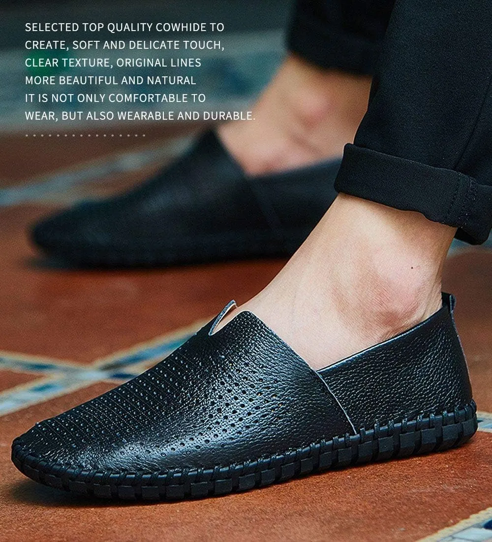 Men's Genuine Leather Loafer Shoes Slip On Soft Walking Shoes Perforated Driving Shoes