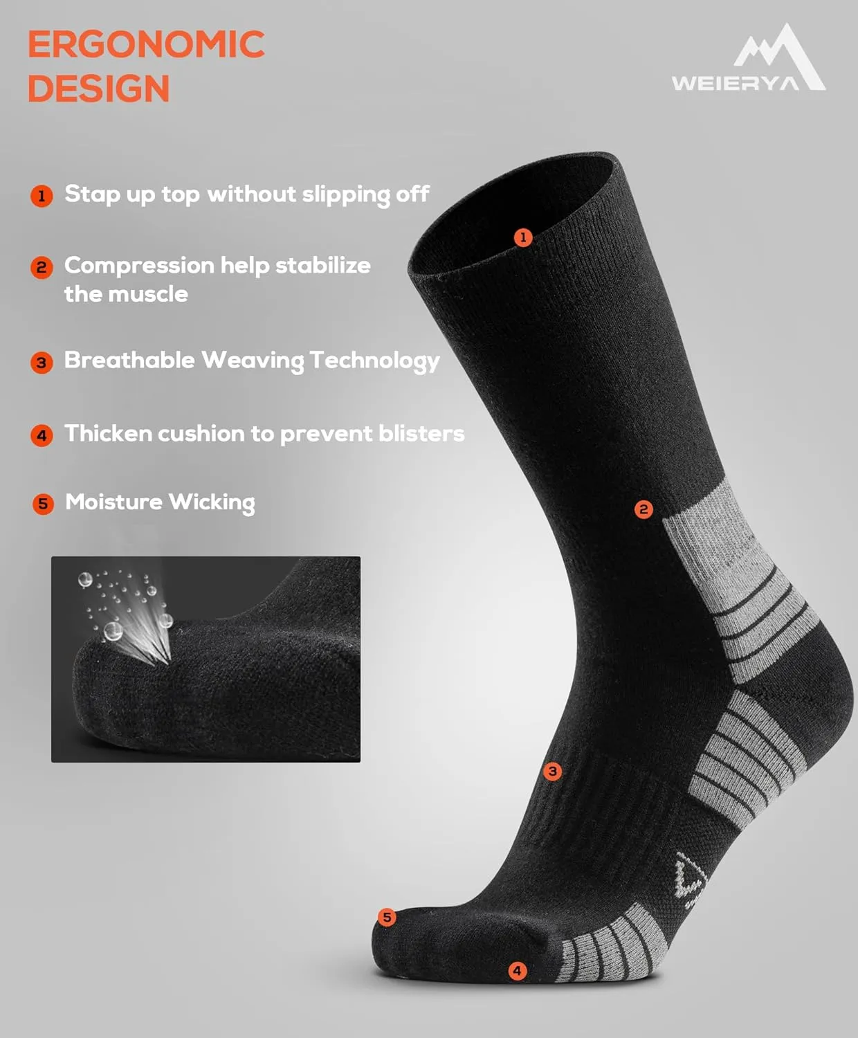 Mens Hiking Socks 3 Pairs Merino Wool, Cushion Hike Trek Micro Crew Socks With Moisture Wicking for Outdoor Sports