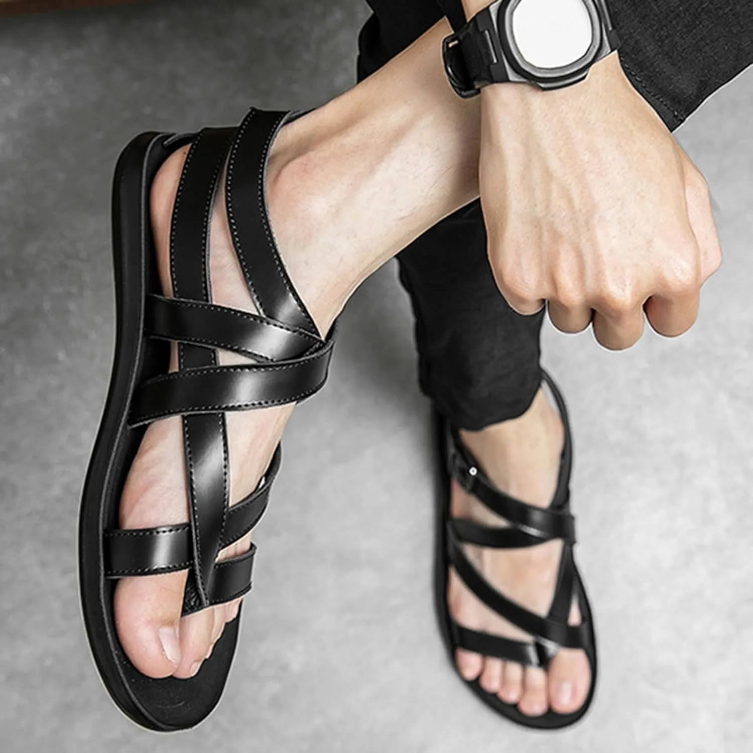 Men's Leather Thong Hollow Gladiator Strap Sandals Summer Casual Cross Strappy Low Top Roman Sandals Outdoor Comfy Adjustable Ankle Strap Beach Shoes