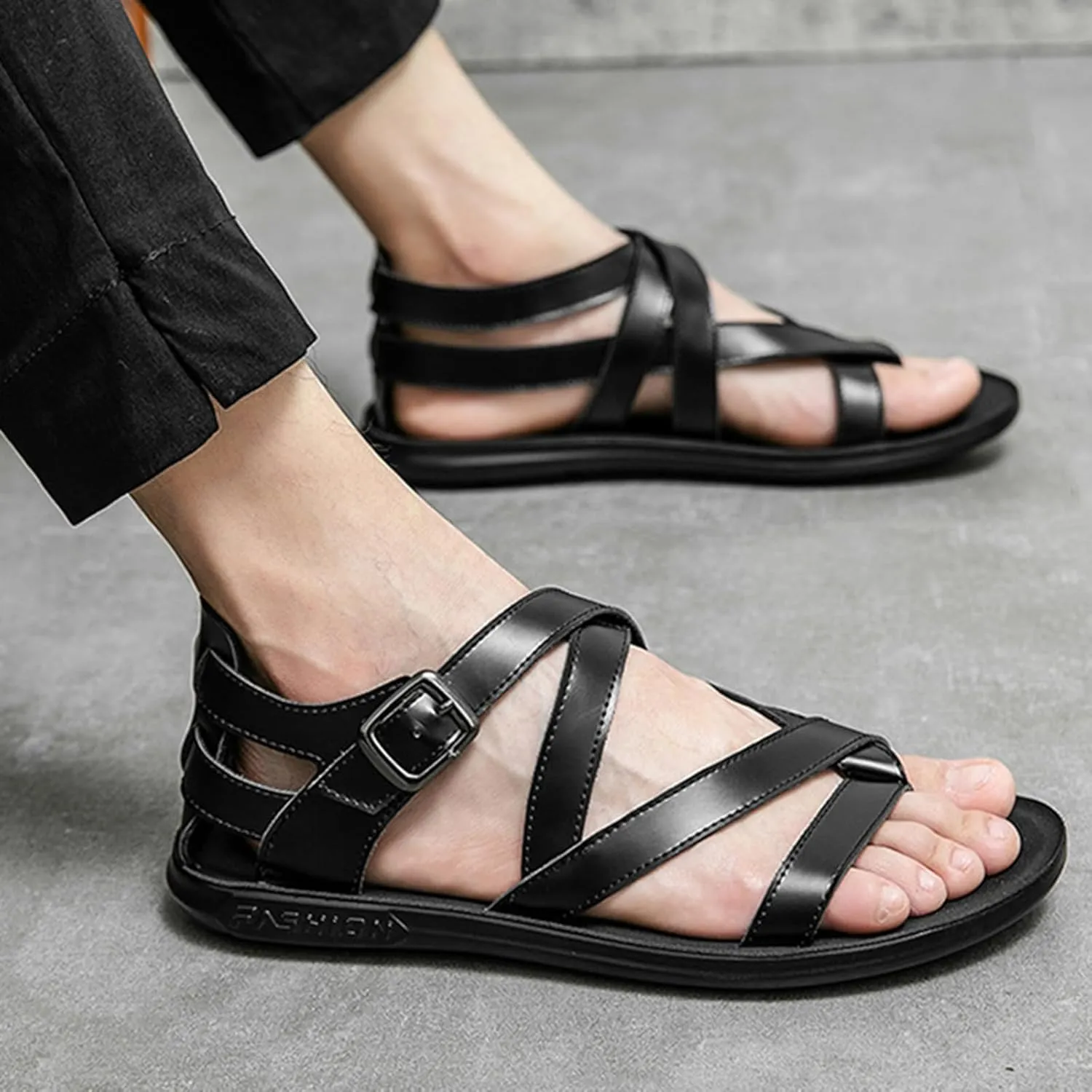 Men's Leather Thong Hollow Gladiator Strap Sandals Summer Casual Cross Strappy Low Top Roman Sandals Outdoor Comfy Adjustable Ankle Strap Beach Shoes