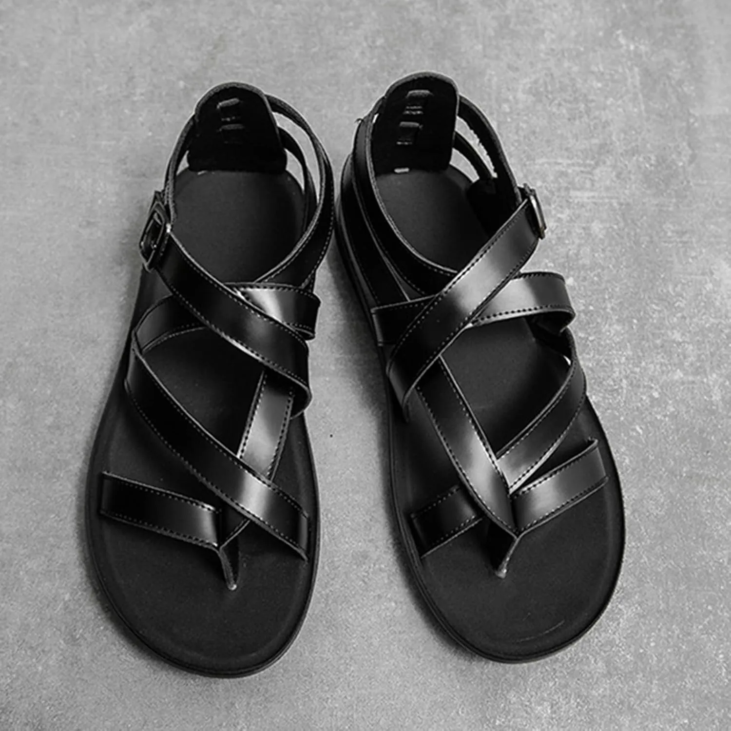 Men's Leather Thong Hollow Gladiator Strap Sandals Summer Casual Cross Strappy Low Top Roman Sandals Outdoor Comfy Adjustable Ankle Strap Beach Shoes