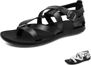 Men's Leather Thong Hollow Gladiator Strap Sandals Summer Casual Cross Strappy Low Top Roman Sandals Outdoor Comfy Adjustable Ankle Strap Beach Shoes