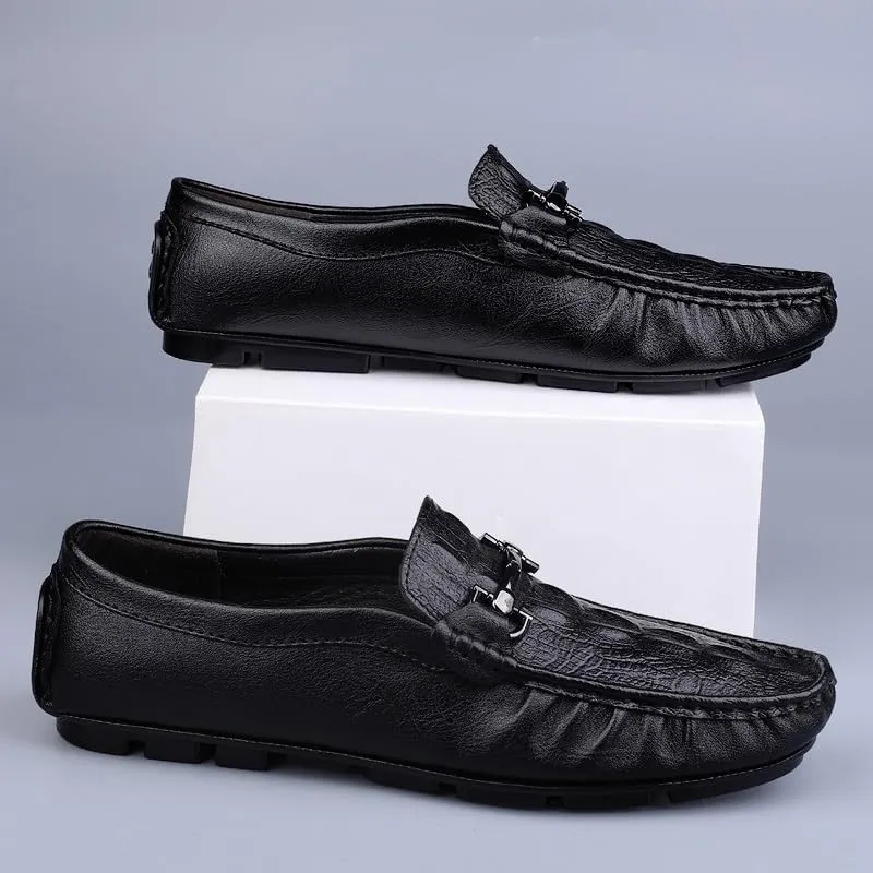 Mens Loafers Round Toe Leather Crocodile Print Driving Style Loafer Flat Heel Comfortable Lightweight Classic Slip-on