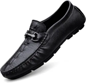 Mens Loafers Round Toe Leather Crocodile Print Driving Style Loafer Flat Heel Comfortable Lightweight Classic Slip-on