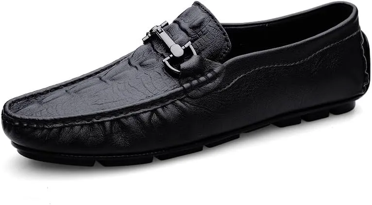 Mens Loafers Round Toe Leather Crocodile Print Driving Style Loafer Flat Heel Comfortable Lightweight Classic Slip-on
