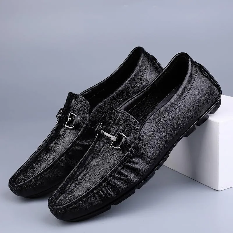 Mens Loafers Round Toe Leather Crocodile Print Driving Style Loafer Flat Heel Comfortable Lightweight Classic Slip-on