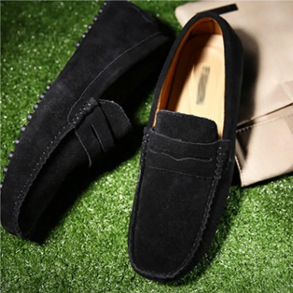 Men's Loafers Shoes Square Toe Nubuck Leather Driving Shoes Lightweight Anti-Slip Flat Heel Prom Slip-ons
