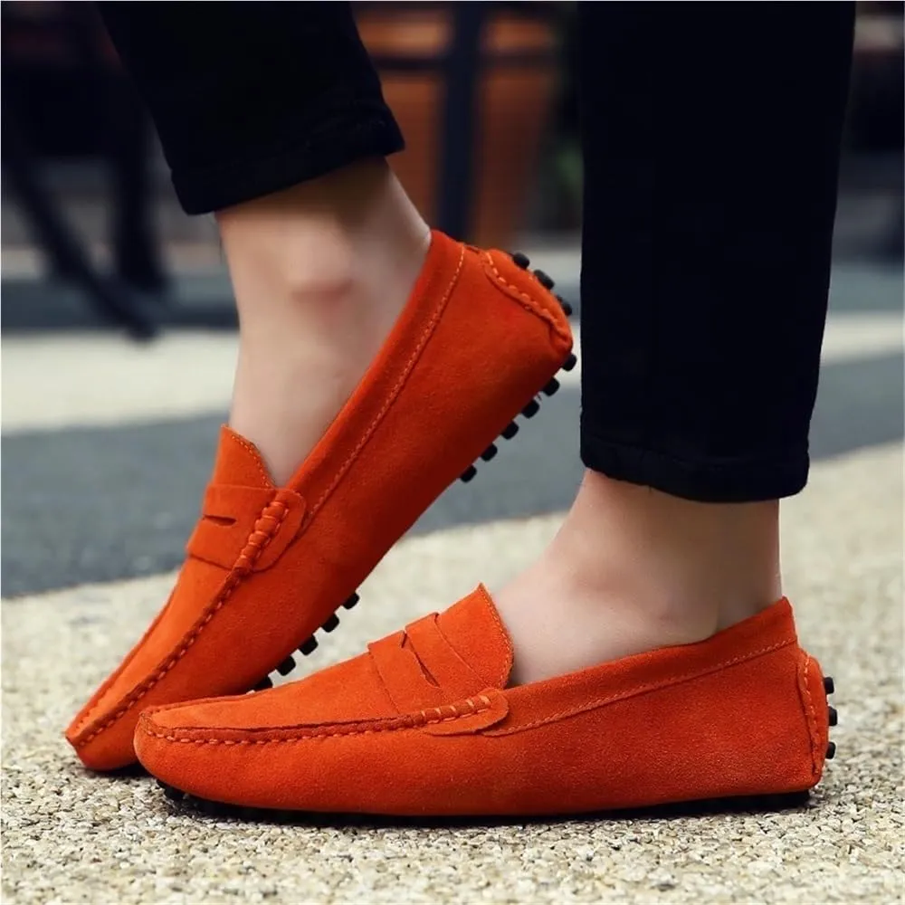 Men's Loafers Shoes Square Toe Nubuck Leather Driving Shoes Lightweight Anti-Slip Flat Heel Prom Slip-ons