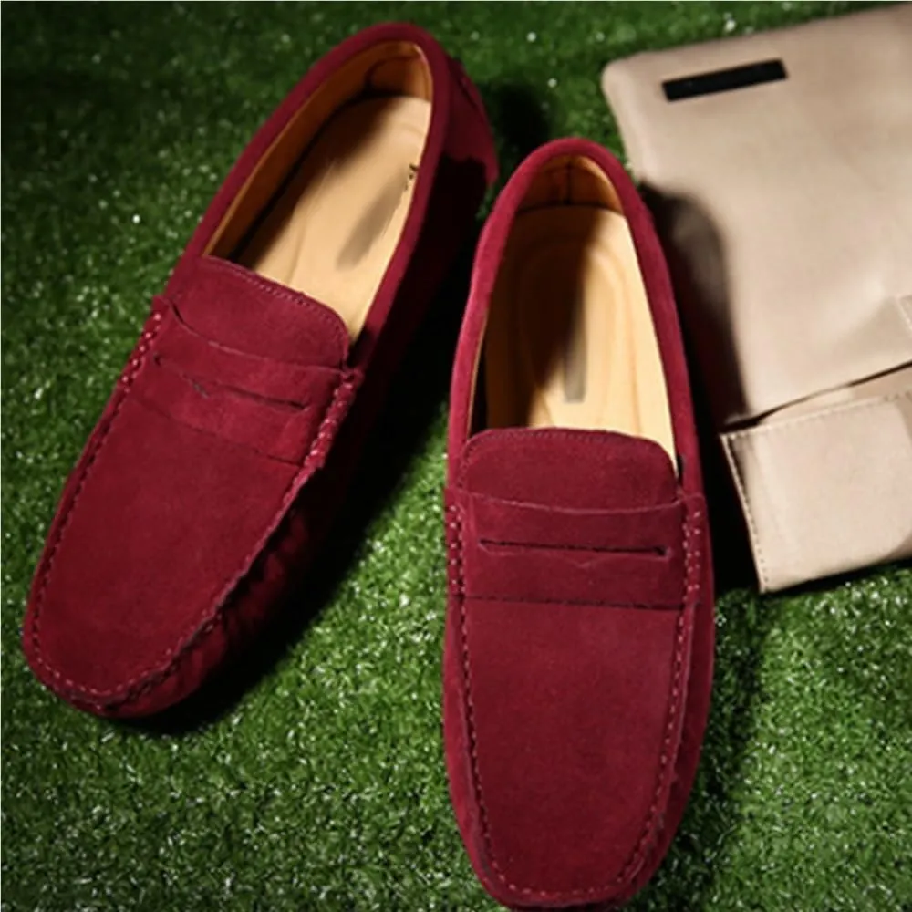 Men's Loafers Shoes Square Toe Nubuck Leather Driving Shoes Lightweight Anti-Slip Flat Heel Prom Slip-ons