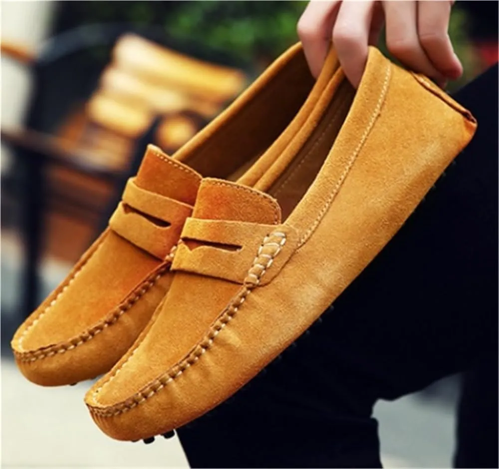 Men's Loafers Shoes Square Toe Nubuck Leather Driving Shoes Lightweight Anti-Slip Flat Heel Prom Slip-ons