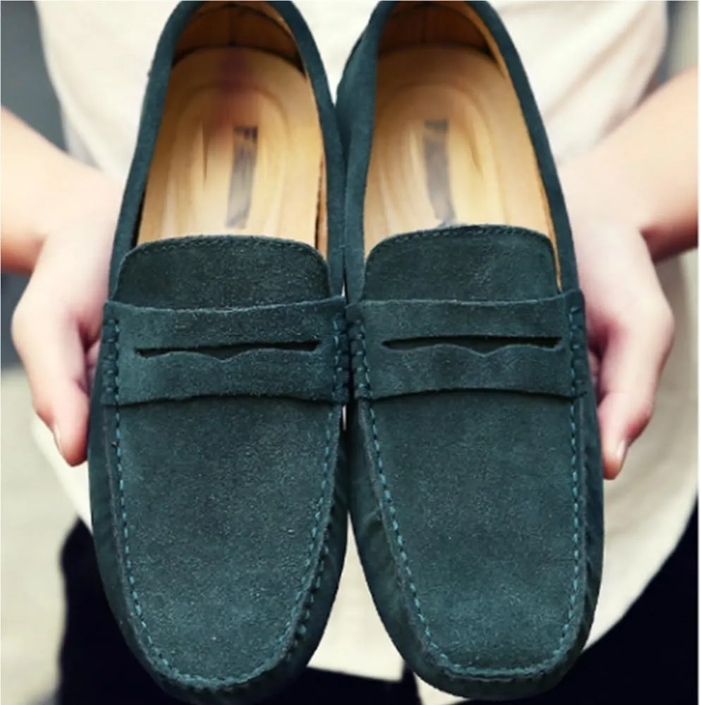 Men's Loafers Shoes Square Toe Nubuck Leather Driving Shoes Lightweight Anti-Slip Flat Heel Prom Slip-ons