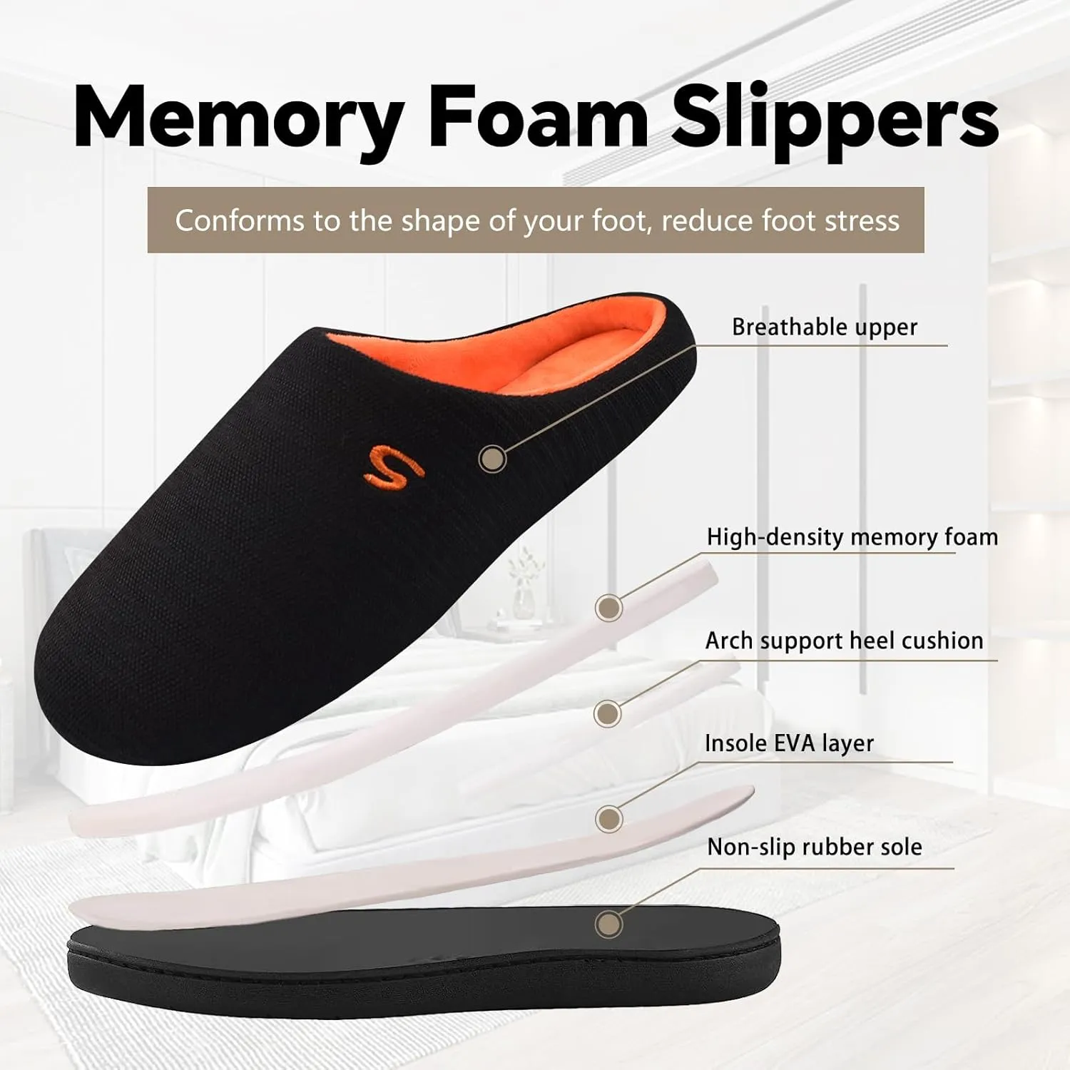 Mens Memory Foam Slipper, Slip on Cozy Slippers for Man, Warm Flannel Machine Washable House Slippers Indoor Outdoor