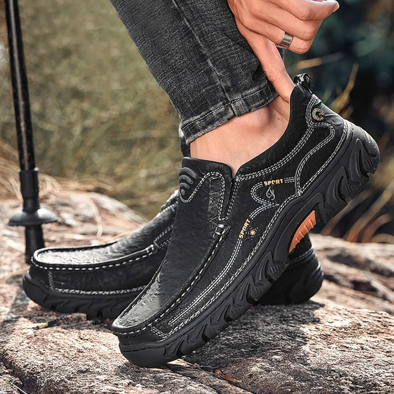 Mens Slip on Loafer Leather Casual Oxford Shoes Hand Stitching Comfort Anti Slip Moccasins Walking Shoes, Business Work Office Dress Shoes Outdoor Summer Driving Boat Round Toe Penny Shoe Wide Fit