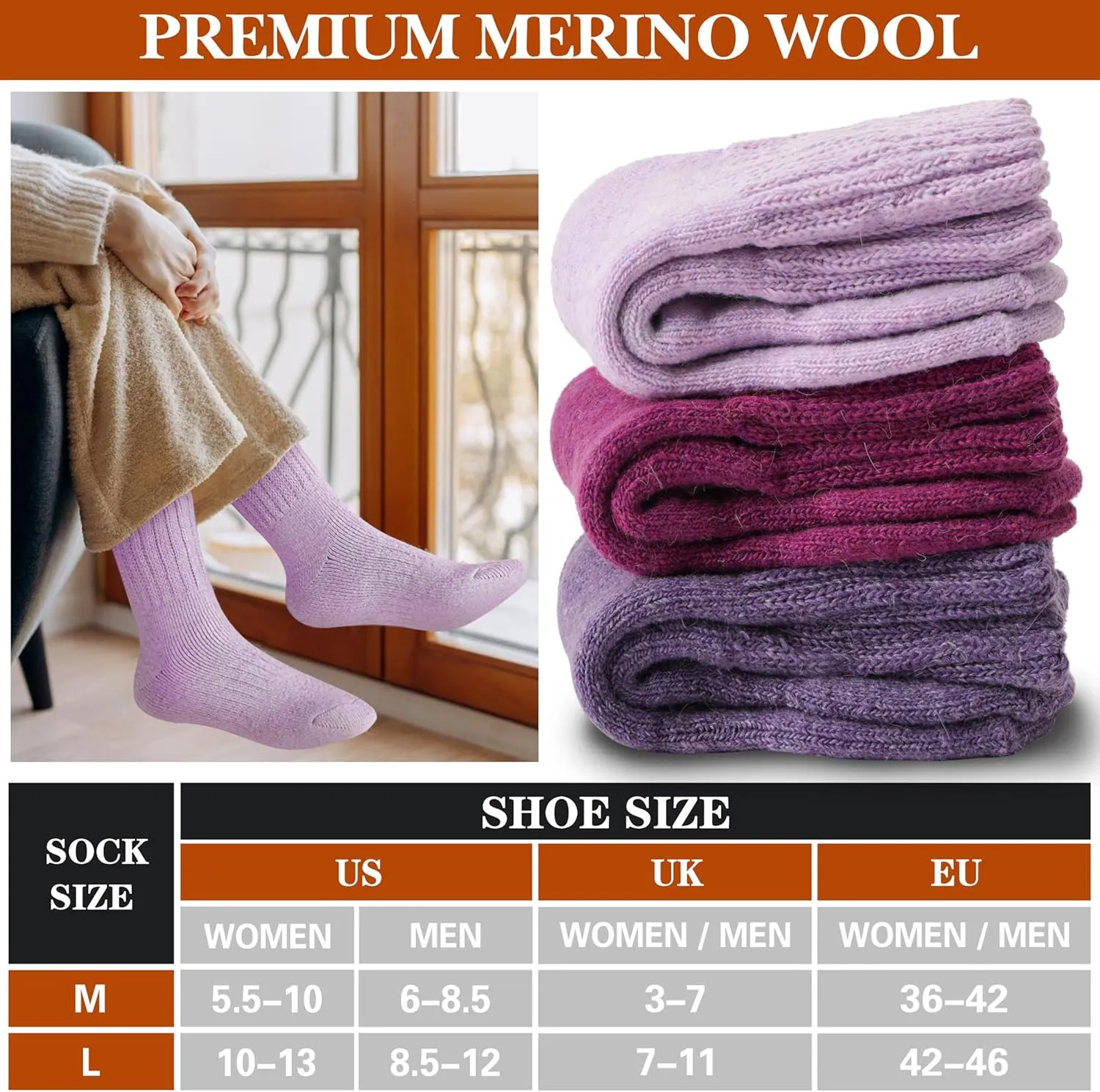 Merino Wool Boot Socks Thermal Winter Warm Thick Cozy Hiking Socks for Men Women 3 Pairs