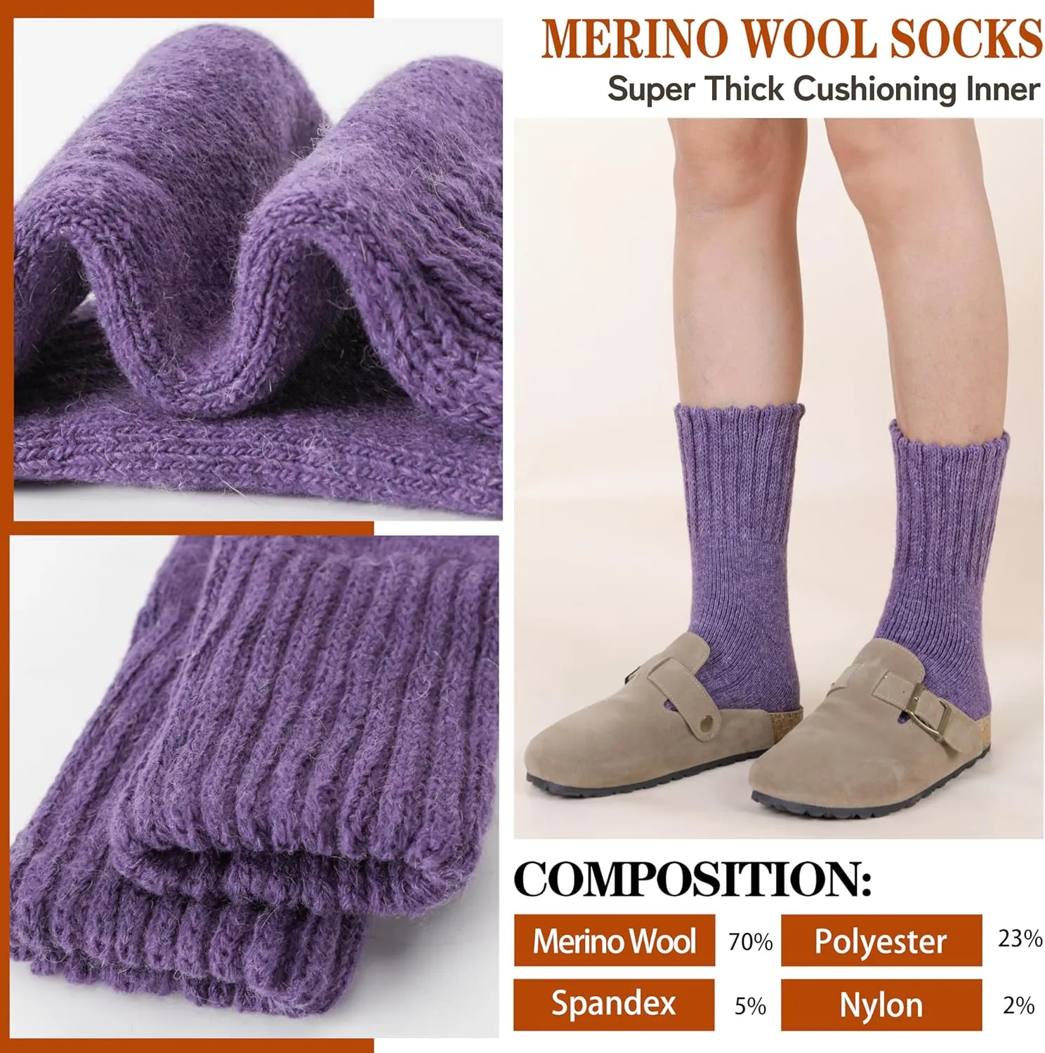 Merino Wool Boot Socks Thermal Winter Warm Thick Cozy Hiking Socks for Men Women 3 Pairs