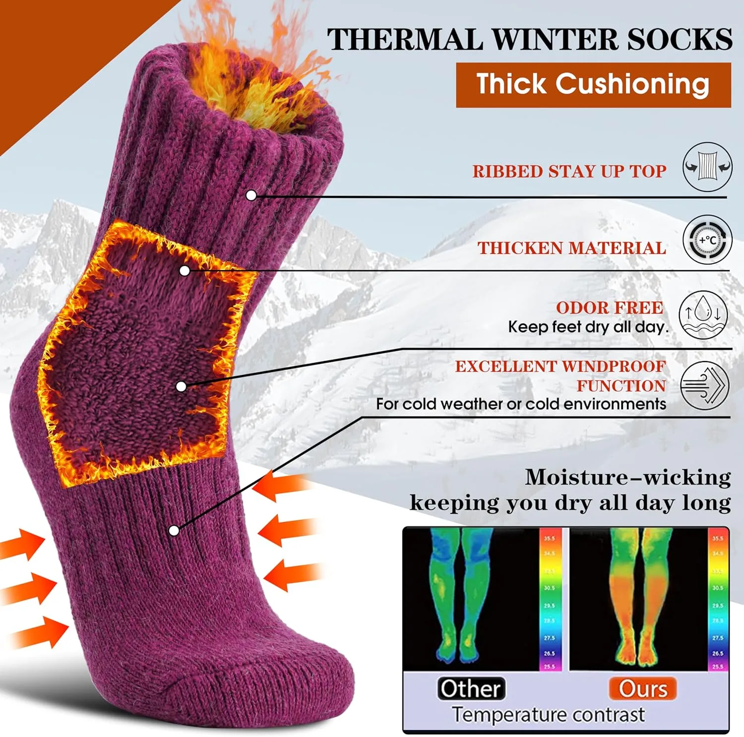 Merino Wool Boot Socks Thermal Winter Warm Thick Cozy Hiking Socks for Men Women 3 Pairs