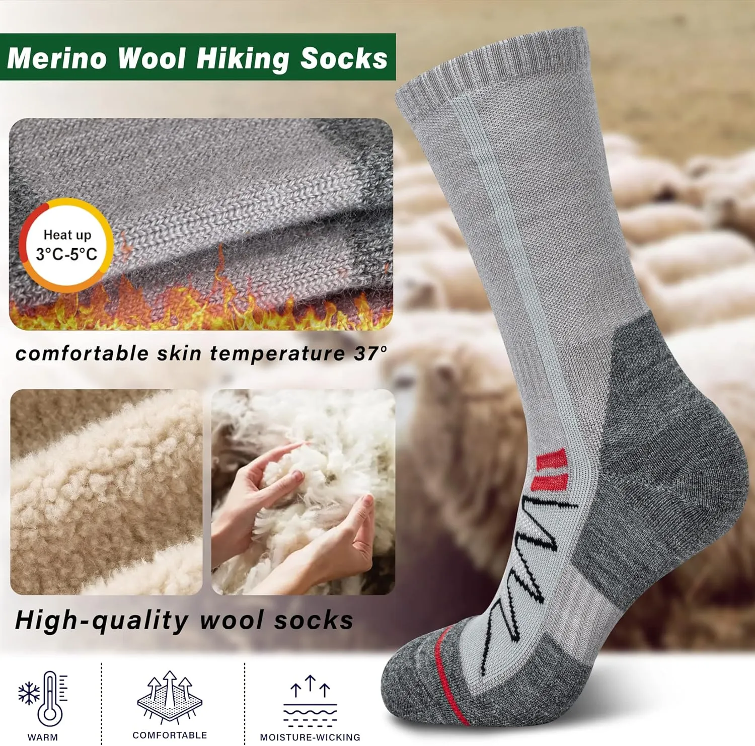 Merino Wool Hiking Socks for Cold Weather Socks Thermal Warm Crew Winter Boot Cushion Socks