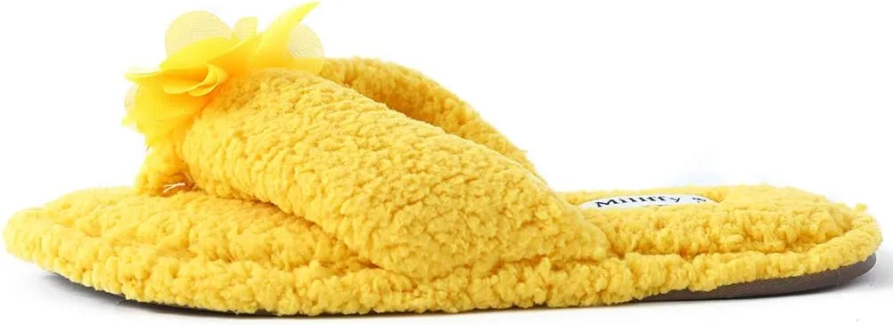 Millffy Plush Cozy Faux Shearling Thong Slide On Sherpa Womens Flip-Flops Slippers with Flowers