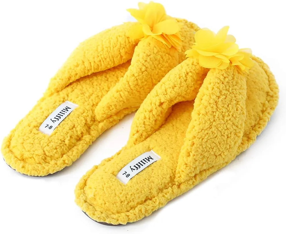 Millffy Plush Cozy Faux Shearling Thong Slide On Sherpa Womens Flip-Flops Slippers with Flowers