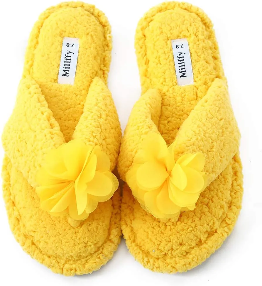 Millffy Plush Cozy Faux Shearling Thong Slide On Sherpa Womens Flip-Flops Slippers with Flowers