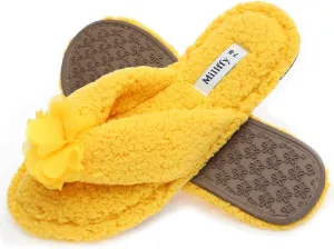 Millffy Plush Cozy Faux Shearling Thong Slide On Sherpa Womens Flip-Flops Slippers with Flowers