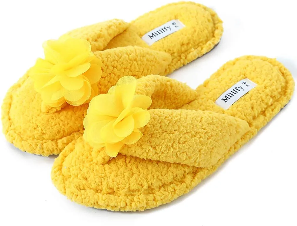 Millffy Plush Cozy Faux Shearling Thong Slide On Sherpa Womens Flip-Flops Slippers with Flowers