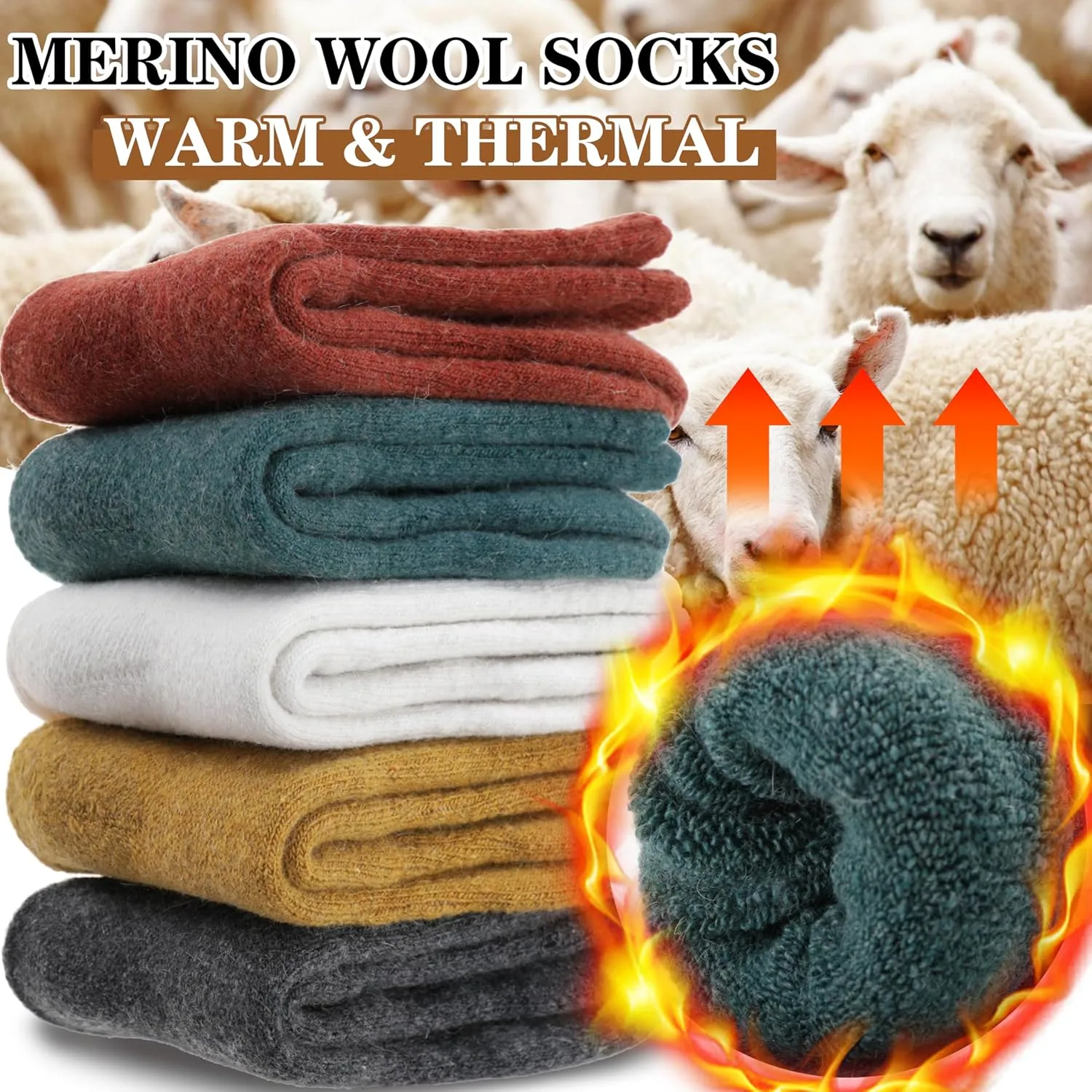 MOGGEI 5 Pairs Womens Merino Wool Socks Hiking Warm Winter Thick Thermal Crew Cozy Cabin Ladies Gift Comfy Boot Work Socks
