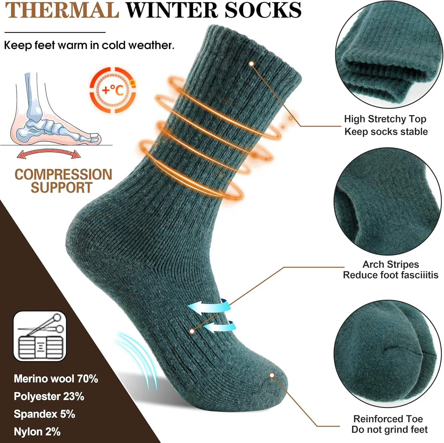 MOGGEI 5 Pairs Womens Merino Wool Socks Hiking Warm Winter Thick Thermal Crew Cozy Cabin Ladies Gift Comfy Boot Work Socks