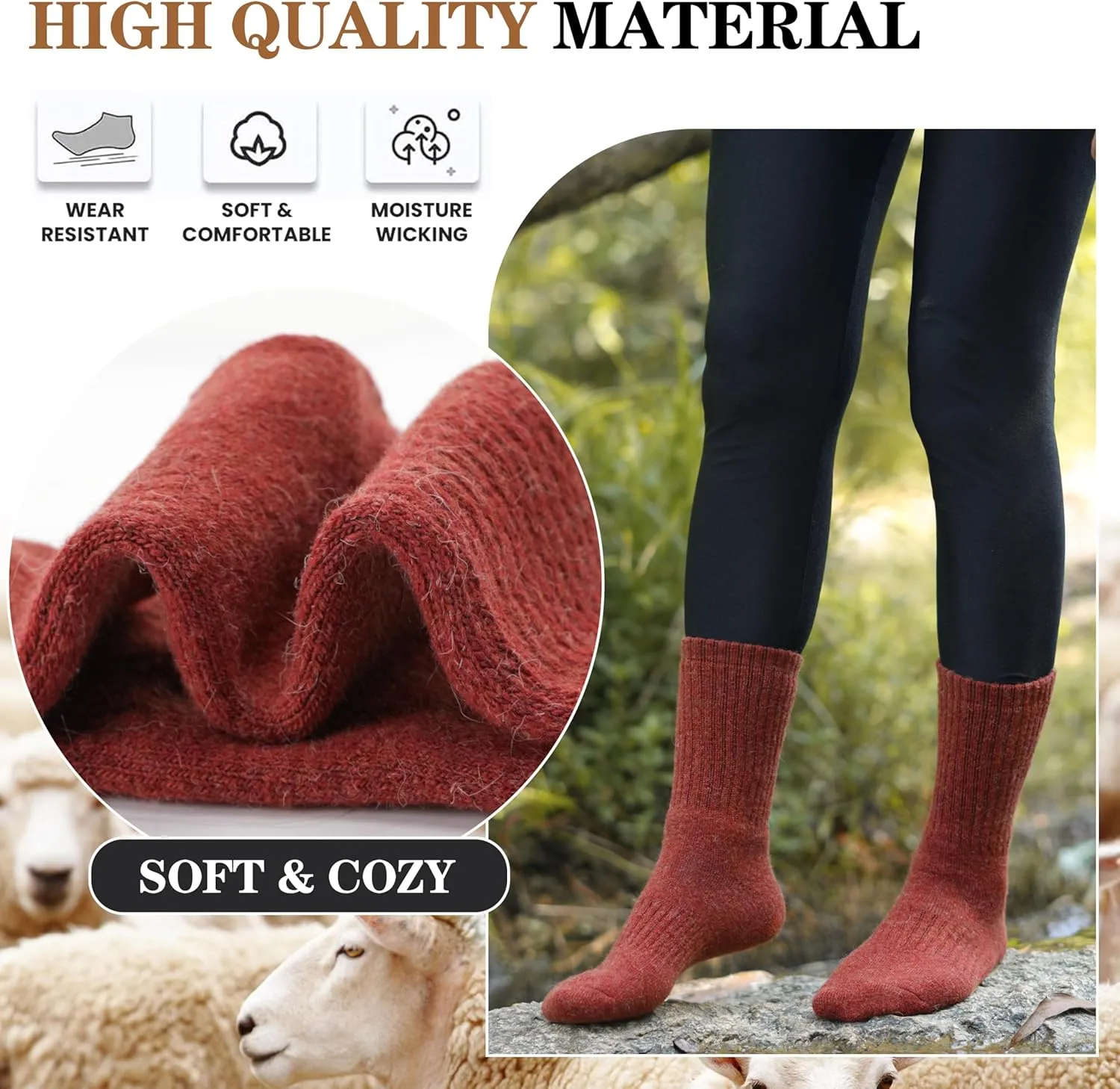 MOGGEI 5 Pairs Womens Merino Wool Socks Hiking Warm Winter Thick Thermal Crew Cozy Cabin Ladies Gift Comfy Boot Work Socks