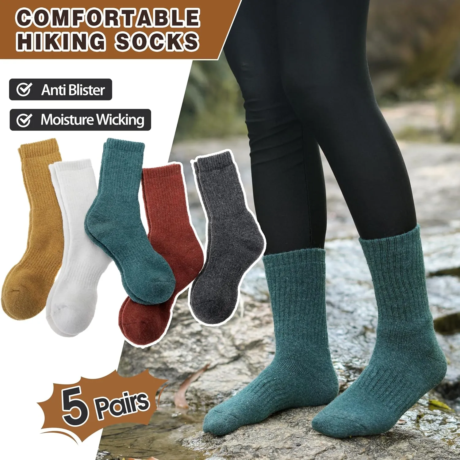 MOGGEI 5 Pairs Womens Merino Wool Socks Hiking Warm Winter Thick Thermal Crew Cozy Cabin Ladies Gift Comfy Boot Work Socks