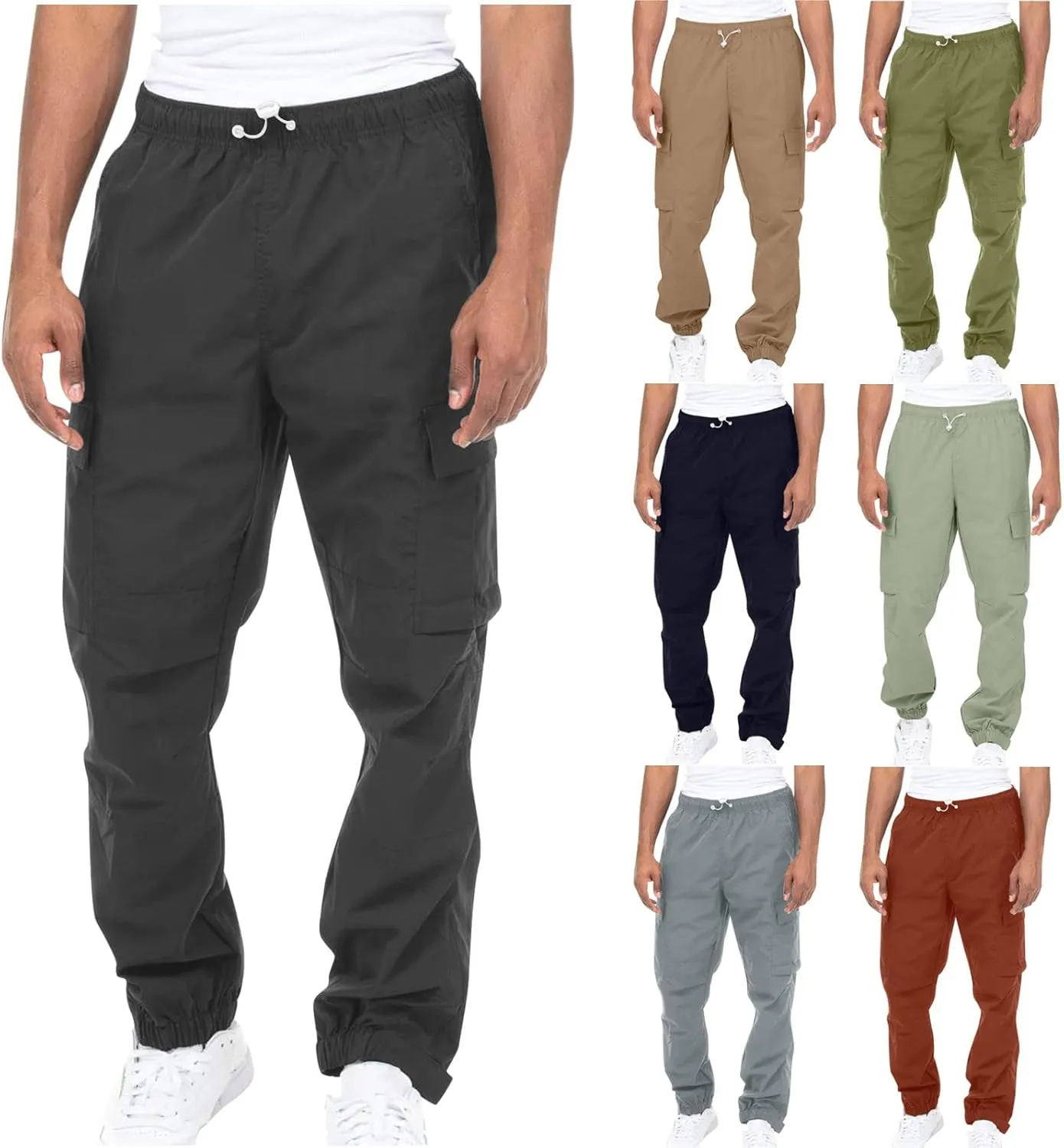 Muscularfit Cotton Pants for Men 2024 Fall Fashion Stretch Waist Multi Pockets Cargo Pants Causal Solid Athletic Sweatpants