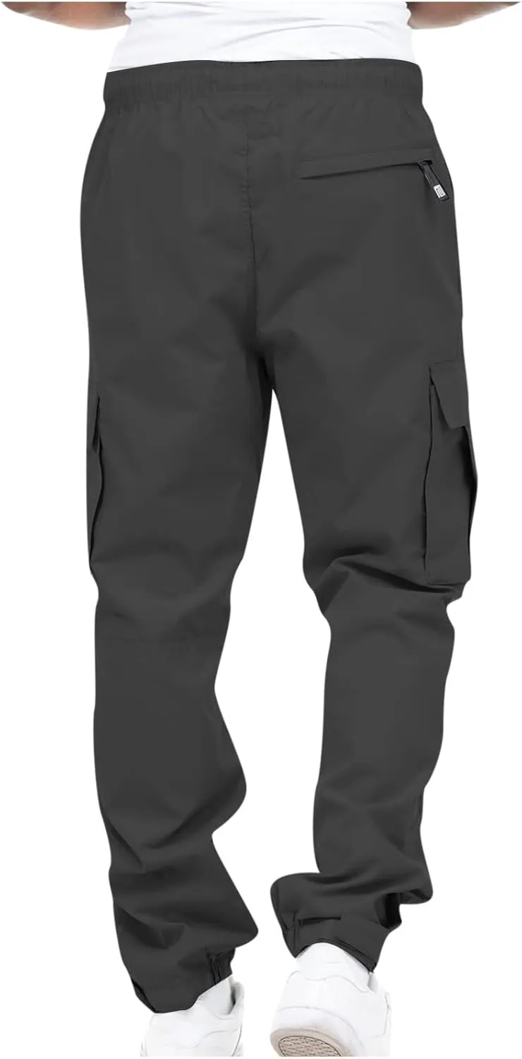Muscularfit Cotton Pants for Men 2024 Fall Fashion Stretch Waist Multi Pockets Cargo Pants Causal Solid Athletic Sweatpants