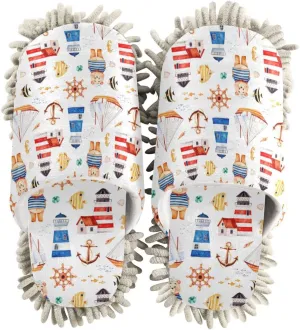 Nautical Anchor Lighthouses Coral Fishes Mop House Slippers for Floor Cleaning Washable Dusting Shoes for Women House Office Bathroom Kitchen