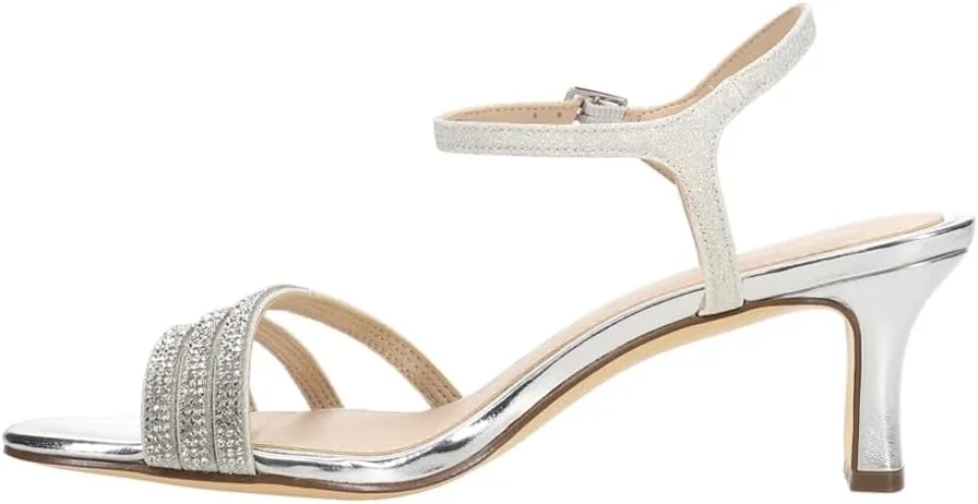NINA Womens Bettany Metallic Rhinestone Ankle Strap Evening Kitten Dress Sandals Low Heel 1-2" - Silver
