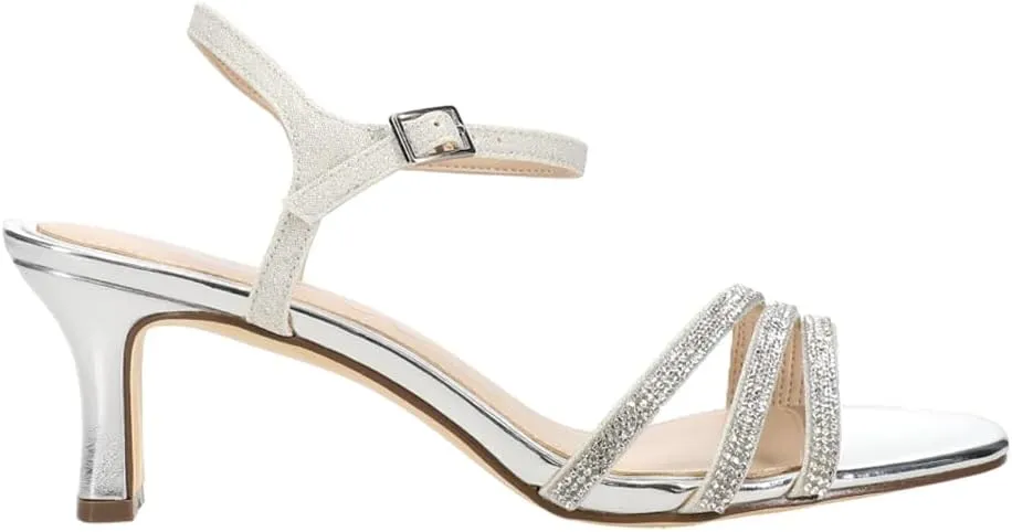 NINA Womens Bettany Metallic Rhinestone Ankle Strap Evening Kitten Dress Sandals Low Heel 1-2" - Silver