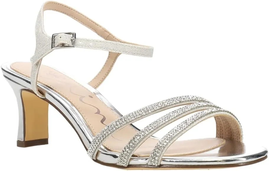 NINA Womens Bettany Metallic Rhinestone Ankle Strap Evening Kitten Dress Sandals Low Heel 1-2" - Silver