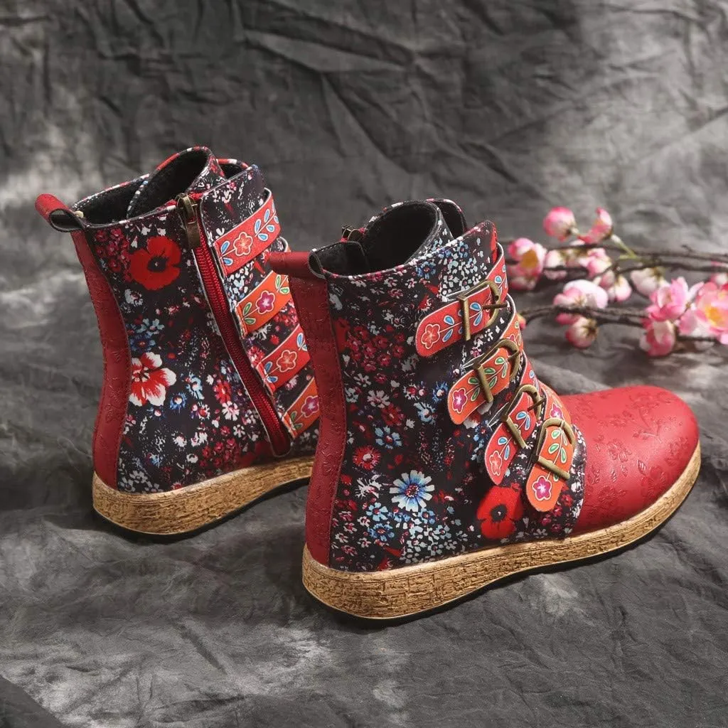 oiangi Womens Platform Leather Boots Vintage Floral Print Metal Buckle Side Zipper Round Toe Flat Mid-calf Boots Comfy Casual Western Boots Shoes