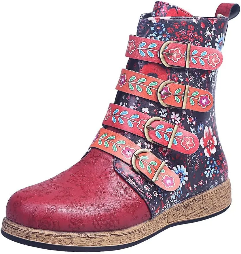 oiangi Womens Platform Leather Boots Vintage Floral Print Metal Buckle Side Zipper Round Toe Flat Mid-calf Boots Comfy Casual Western Boots Shoes