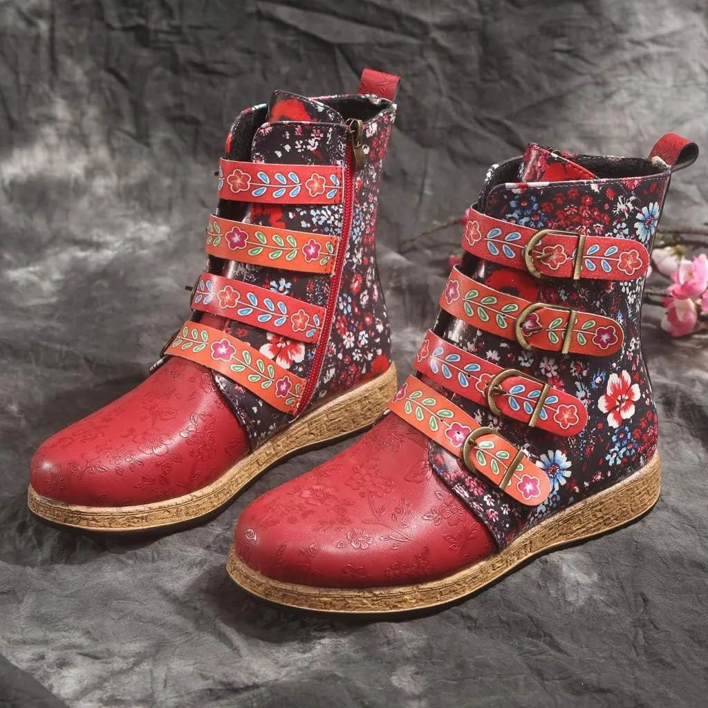 oiangi Womens Platform Leather Boots Vintage Floral Print Metal Buckle Side Zipper Round Toe Flat Mid-calf Boots Comfy Casual Western Boots Shoes