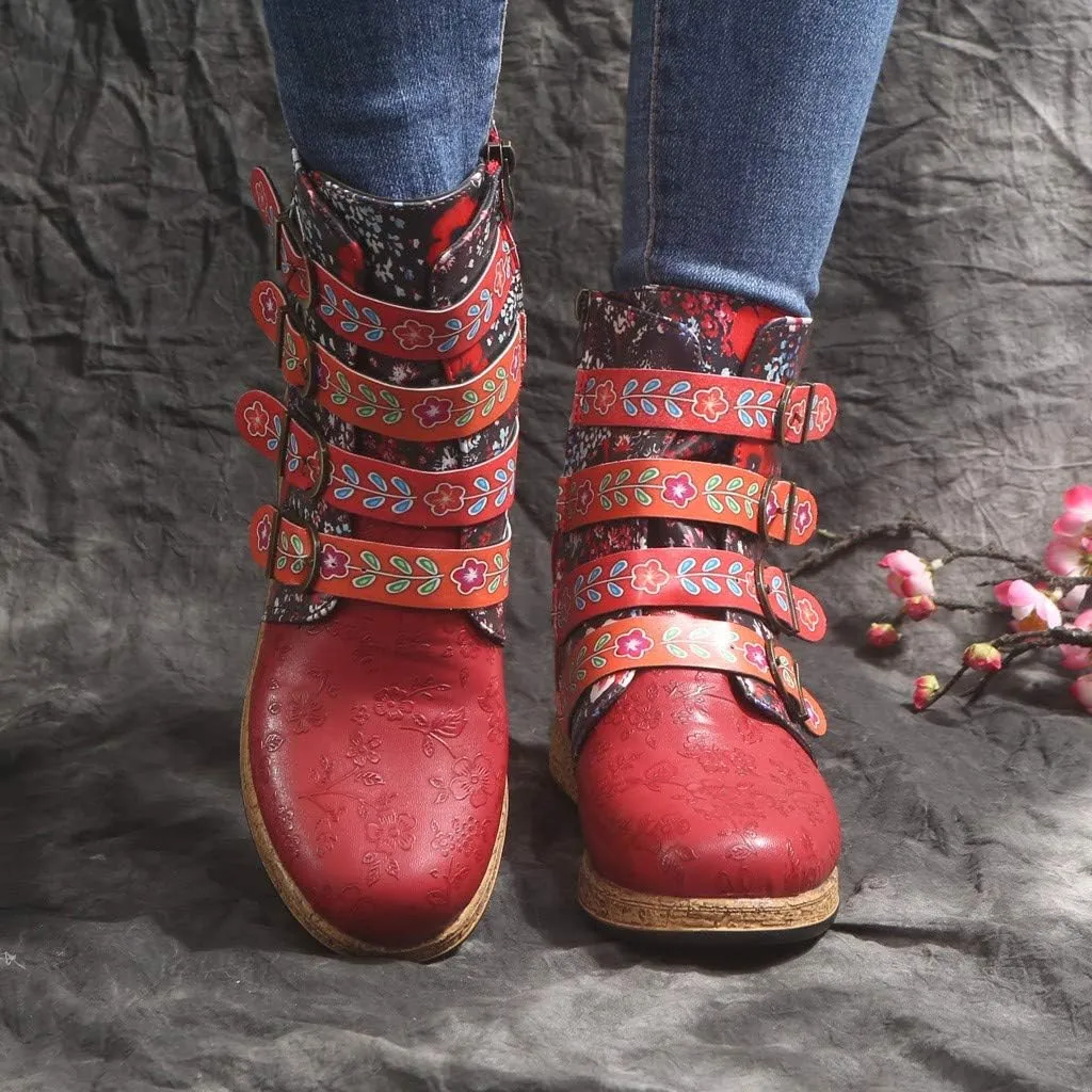 oiangi Womens Platform Leather Boots Vintage Floral Print Metal Buckle Side Zipper Round Toe Flat Mid-calf Boots Comfy Casual Western Boots Shoes