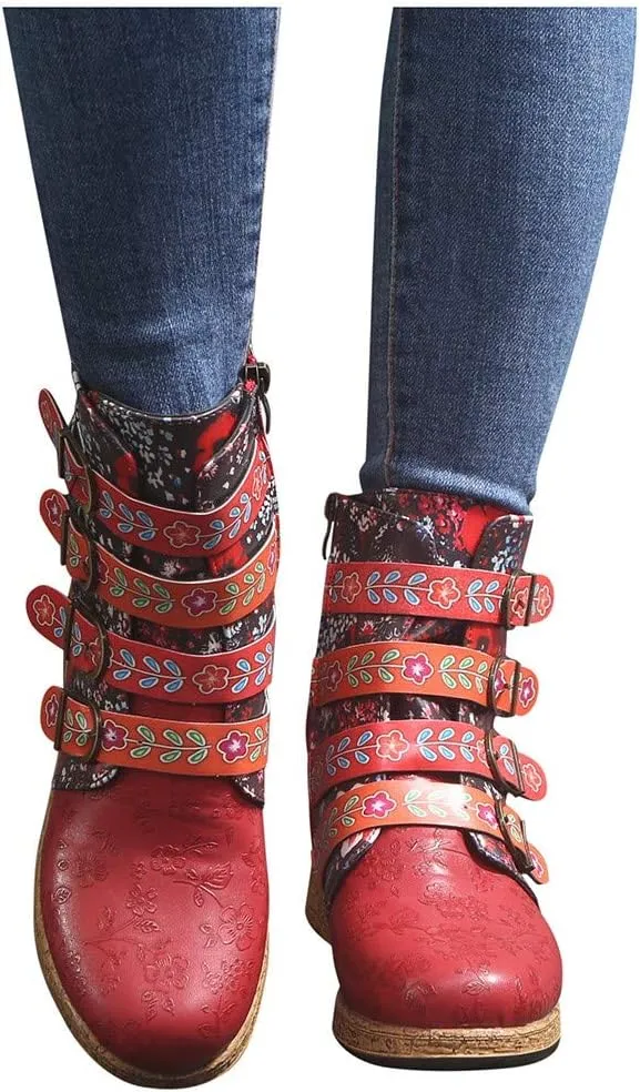 oiangi Womens Platform Leather Boots Vintage Floral Print Metal Buckle Side Zipper Round Toe Flat Mid-calf Boots Comfy Casual Western Boots Shoes