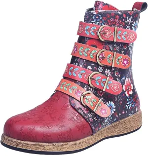 oiangi Womens Platform Leather Boots Vintage Floral Print Metal Buckle Side Zipper Round Toe Flat Mid-calf Boots Comfy Casual Western Boots Shoes