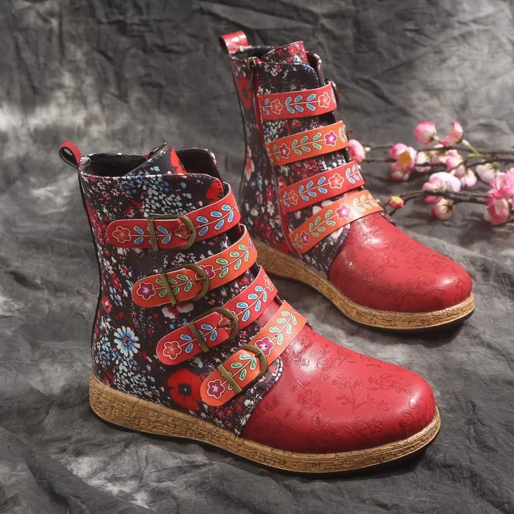 oiangi Womens Platform Leather Boots Vintage Floral Print Metal Buckle Side Zipper Round Toe Flat Mid-calf Boots Comfy Casual Western Boots Shoes